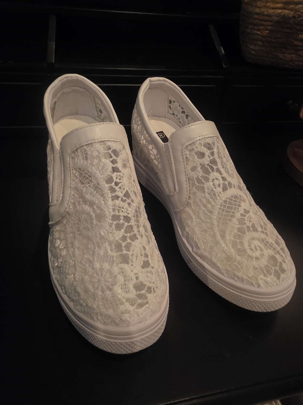 Women's White Lace Slip-On Wedge Sneakers